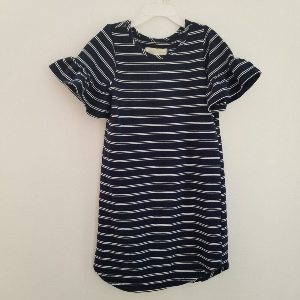 Mabel and Honey Dress Girls 7 Navy & White Striped Ruffle Short Sleeve Shift